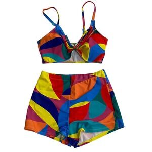 Womens 3 Piece Abstract Print Swimsuit Cover Up Set Crop Top Shorts Size 0XL